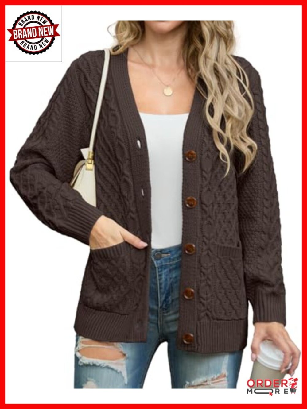 Cable Knit Chunky Cardigan Sweater with Pockets Button Down